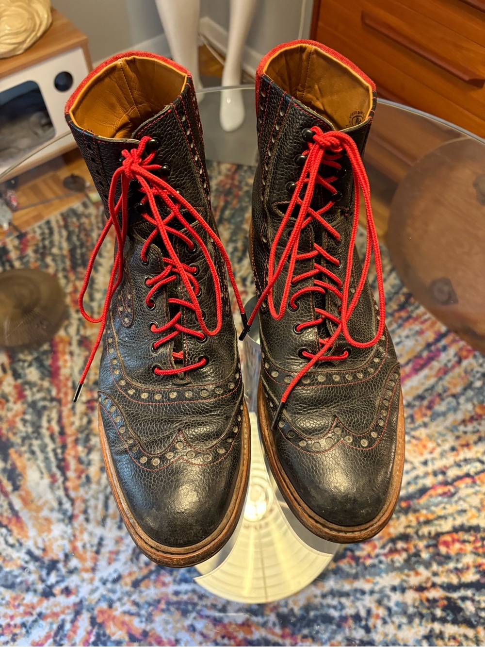 John Fluevog Black Leather Wingtip Boots with Red Lace and Stitching